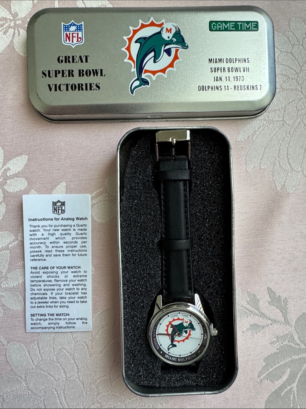 Men's Black Leather Strap Team Logo Watch - Miami Dolphins
